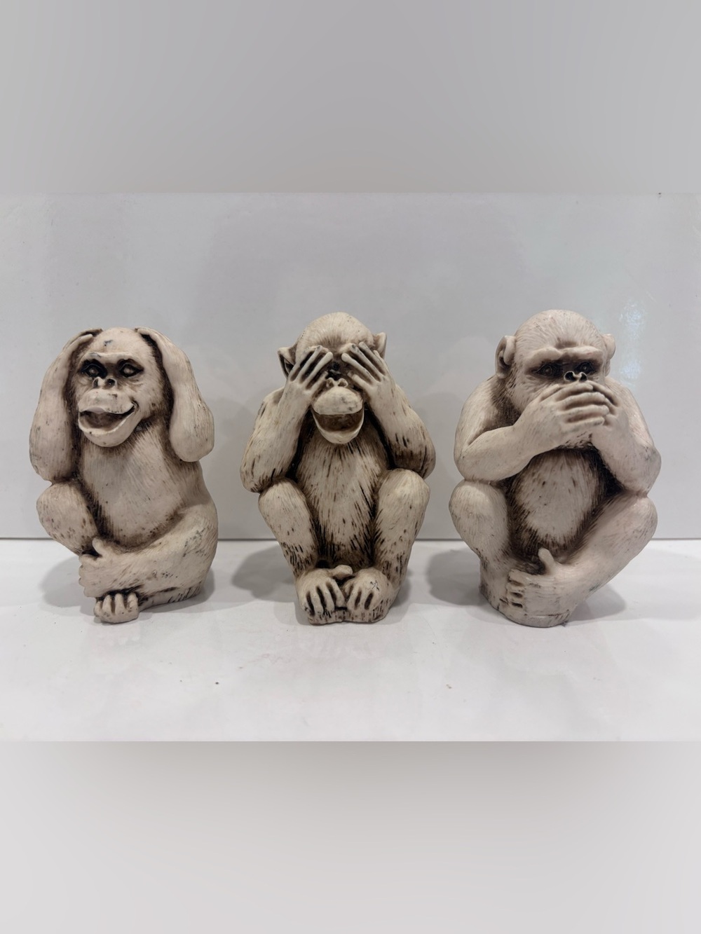 Three Monkeys Home Art Figurines -chalkware 3” set of 3 hear/see/speak no evil